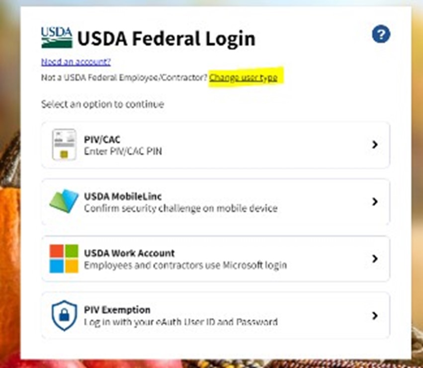 USDA Federated Login Page