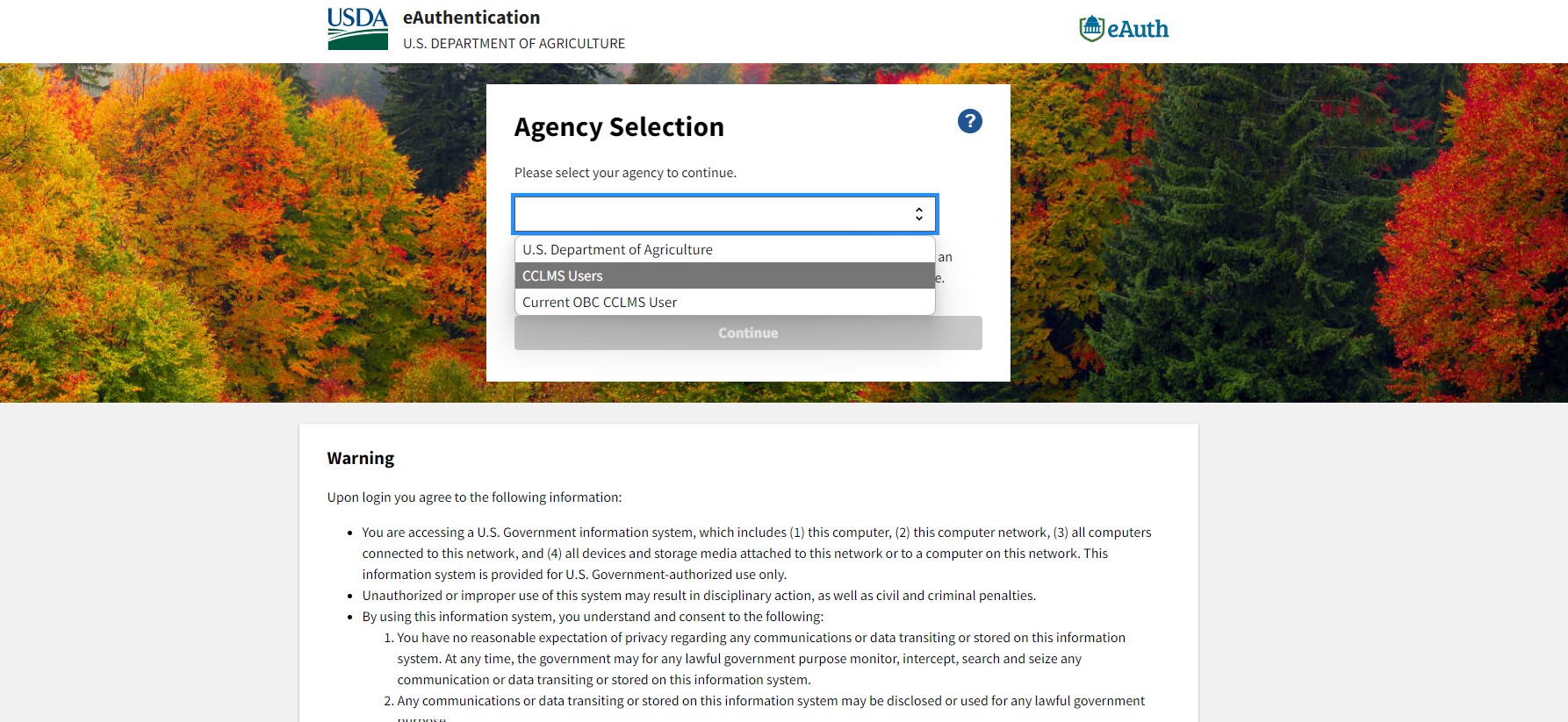 Dropdown screen indicating CCLMS User selection.